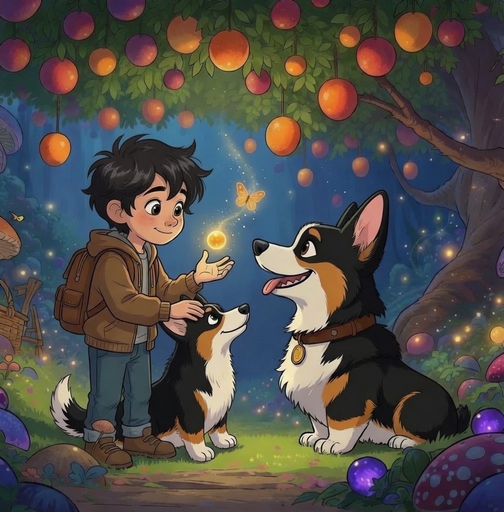 Max and Leo face to face beneath a tree of glowing fruit, a golden spark drifting between their noses